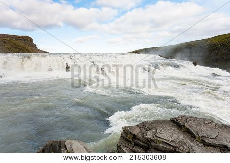 Water On Rapids Of Gullfoss Waterfall In Canyon