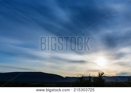 Halo In Blue Sunset Sky In Iceland
