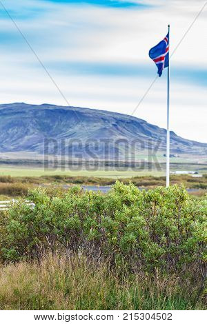 Icelandic Flag Near Kerid Lake In September