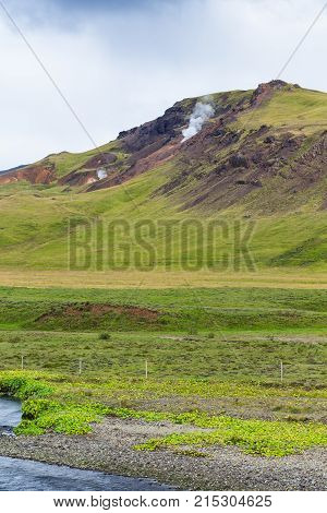 Mountain Slope In Hveragerdi Hot Spring River Area