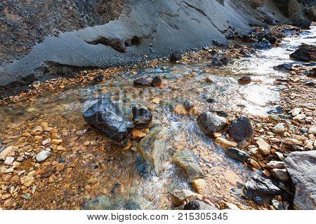 Water Flow In Gorge In Landmannalaugar In Iceland