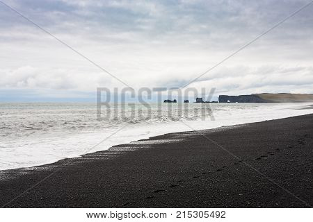 Reynisfjara Beach And View Of Dyrholaey Cliff