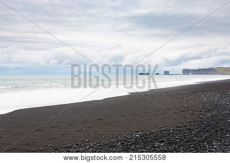 Reynisfjara Beach And View Of Dyrholaey Rocks