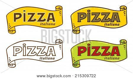 Pizza logo with cartoosh and vintage fonts, colored and monochrome version