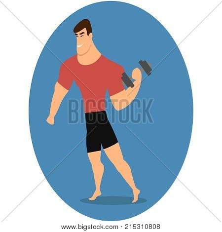 Athlete strong man character holding dumbbell. Vector flat cartoon illustration illustrstion eps10