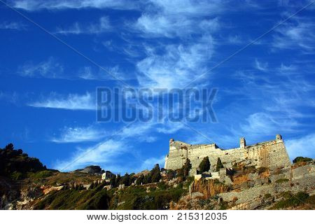 View of Portovenere Castle on the rocky coast