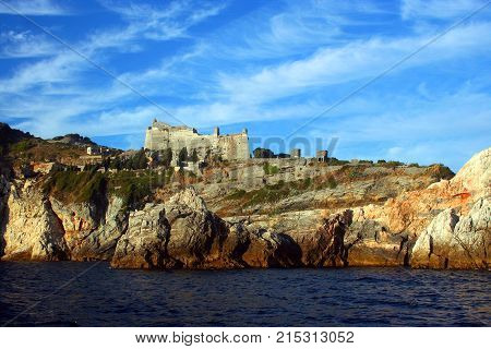 View of Portovenere Castle on the rocky coast