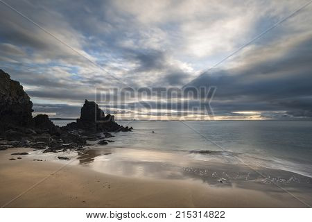 Stunning, Vibrant Sunrise Landscape Image Of Barafundle Bay On Pembrokeshire Coast In Wales