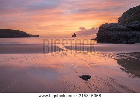 Beautiful Sunrise Landsdcape Of Idyllic Broadhaven Bay Beach On Pembrokeshire Coast In Wales