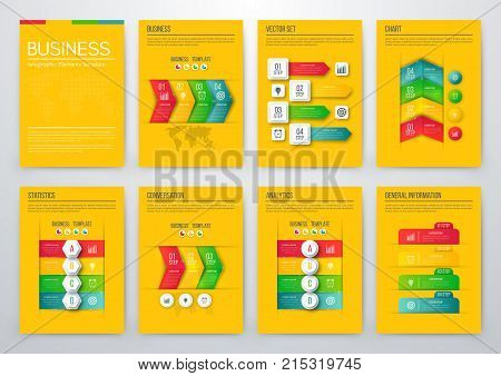 Set with infographics. Data and information visualization. Template. Stock vector. Dynamic infographics stylish geometric. element for design business invitations, gift cards, flyers and brochures
