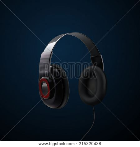 Black headphones. 3d realistic vector illustration of earphones. Technology device for listening music. Dj equipment mockup. Audio gadget