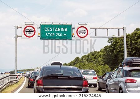 Traffic jam during summer season on croatian motorway before toll station