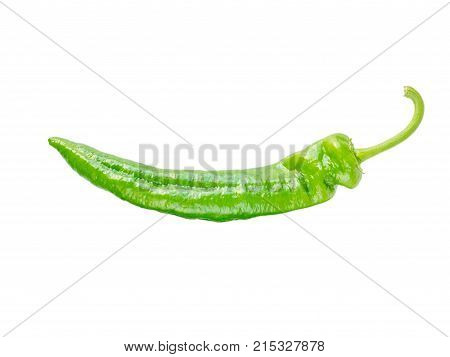 Green long italian frying pepper isolated on white. Cuban Cubanelle pepper pod.