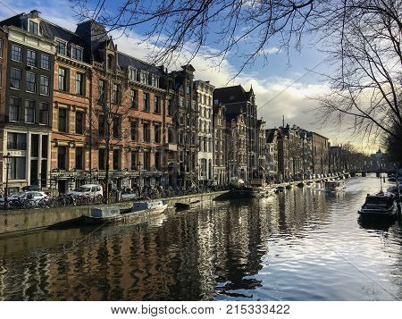 Canal in Amsterdam on a sunny day in winter