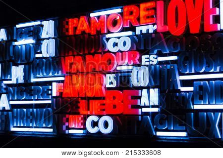 Amsterdam Netherlands - January 14 2017: Illuminated message of love by night at Amsterdam Light Festival