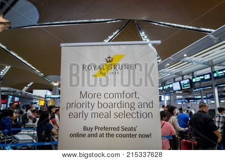 Kuala Lumpur, Malaysia -November 2017: Royal Brunei airlines check-in counter at Kuala Lumpur International Airport. Royal Brunei Airlines is the flag carrier of Brunei Darussalam.