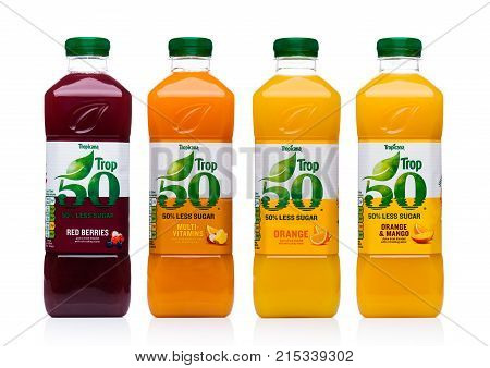London, Uk - November 24, 2017: Bottles Of Tropicana Fruit Juices On White. Tropicana Products Inc.