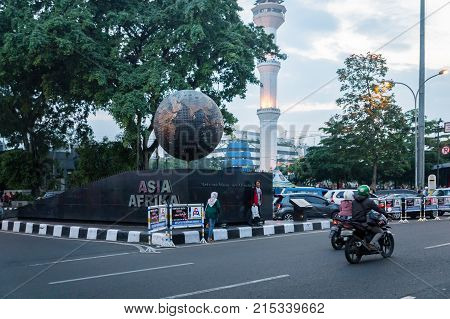 Bandung, Indonesia - October 2017 : Bandung city Asia - Afrika street in the central area, downtown view. Bandung is capital of Indonesia's West Java province.