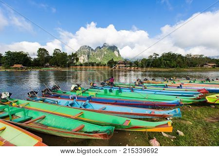 Boat In Song River At Vang Vieng