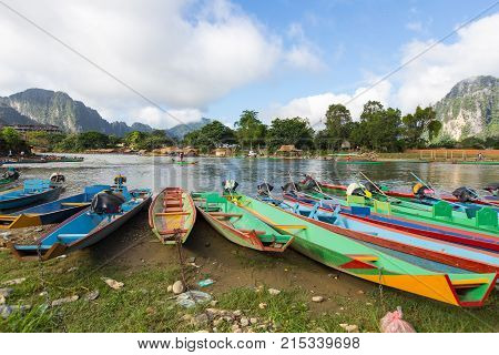 Boat In Song River At Vang Vieng