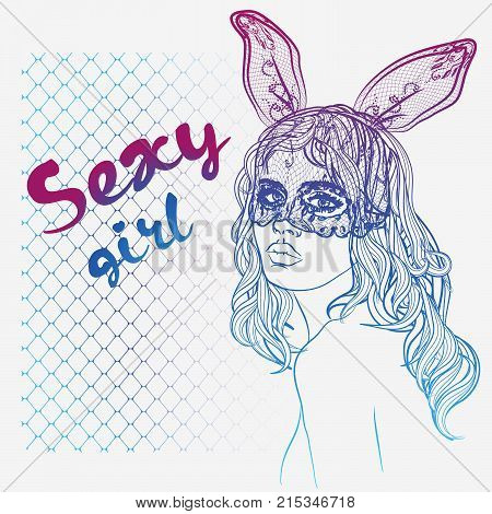 Portrait of a girl with a mask bunny. Art for print posters t-shirts and textiles. Vector.