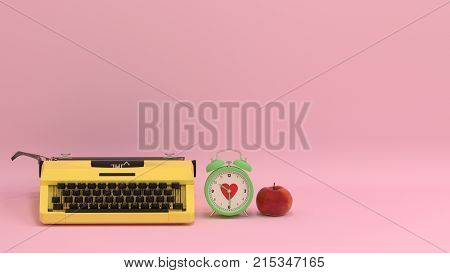 typewriter with fruit apple typewriter on the table colorful education in front of pink wall lovely picture for copy space minimal fruit and object concept pastel colorful lovely art