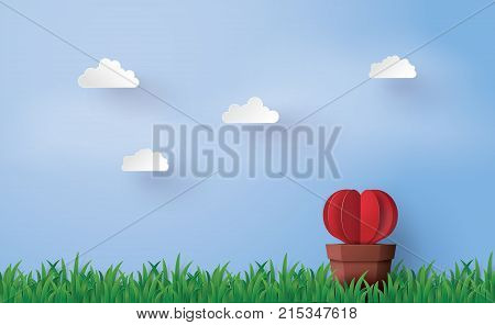 Illustration of love and valentine day Origami made Heart shape tree with pot set in the greensward and blue sky in the background. Paper art and craft style.