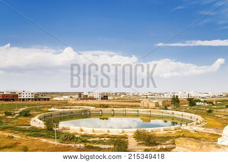 Aghlabid Basins reservoir outside city walls. Panorama view from above. Kairouan Tunisia