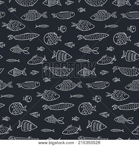 Marine kids seamless pattern with white outline cartoon fishes in dark water. Stylized vector linear fish for children textile wrapping paper wallpaper background swimwear package