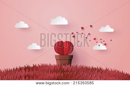 Illustration of love and valentine day Origami made Heart shape tree with pot set in the pink grass. Paper art and craft style.
