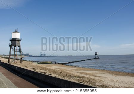 Dovercourt Lighthouses with Harwich in the background