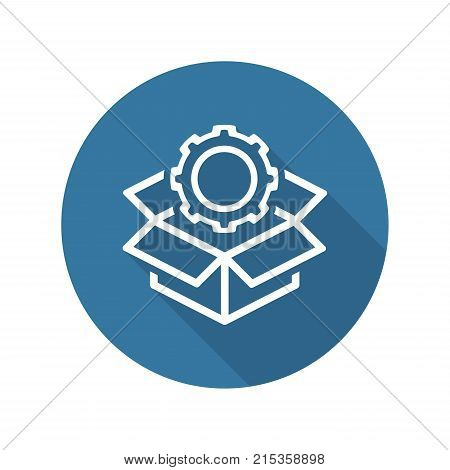 Engineering Solutions Icon. Gear and Cardbox. Product Symbol. Flat Line Pictogram. Isolated on white background. Long Shadow.