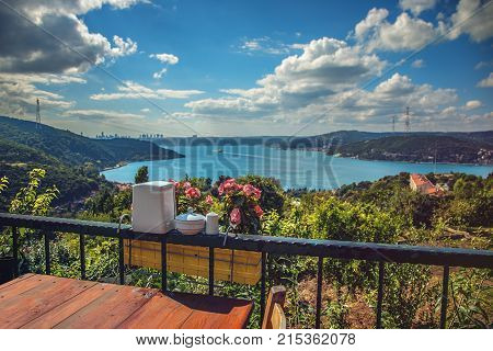 A lovely cafe at Yoros fortress with view of Bosphorus and buildings of Istanbul on background