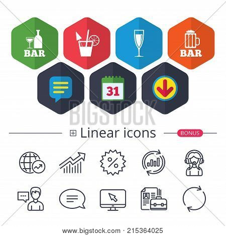 Calendar, Speech bubble and Download signs. Bar or Pub icons. Glass of beer and champagne signs. Alcohol drinks and cocktail symbols. Chat, Report graph line icons. More linear signs. Editable stroke