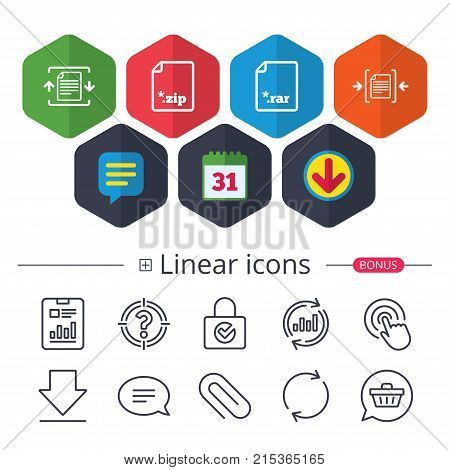 Calendar, Speech bubble and Download signs. Archive file icons. Compressed zipped document signs. Data compression symbols. Chat, Report graph line icons. More linear signs. Editable stroke. Vector