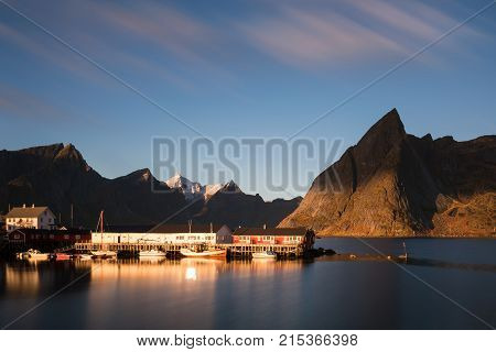 Fishing village Hamnoy under a blue sky - Long exposure version Lofoten Norway