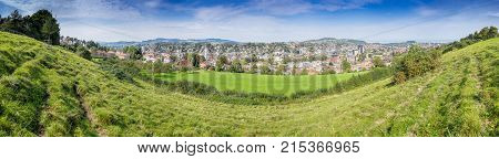 Mountains valley and peaks landscape panorama natural environment. Hiking in the alps. Sankt Gallen Switzerland Europe