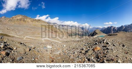 Mountains and peaks landscape. Stubaier Gletscher covered with glaciers and snow natural environment. Hiking in the Stubai Alps. Ski resort in Tirol Austria Europe