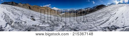 Mountains and peaks landscape. Stubaier Gletscher covered with glaciers and snow natural environment. Hiking in the Stubai Alps. Ski resort in Tirol Austria Europe