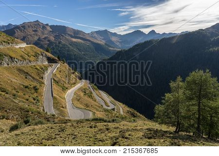 Mountains peaks and trees landscape natural environment. Timmelsjoch High Alpine Road. Passo del Rombo the highest pass of the Eastern Alps. Ötztal valley Tyrol Austria Europe