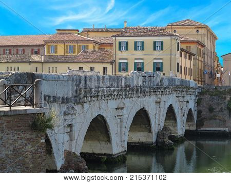 Historical Roman Tiberius Bridge Over Marecchia River, Rimini, Italy