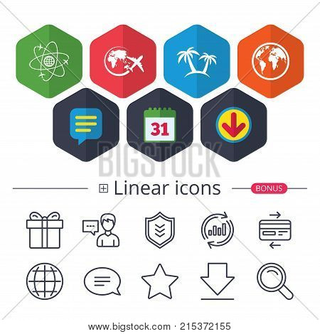 Calendar, Speech bubble and Download signs. Travel trip icon. Airplane, world globe symbols. Palm tree sign. Travel round the world. Chat, Report graph line icons. More linear signs. Editable stroke