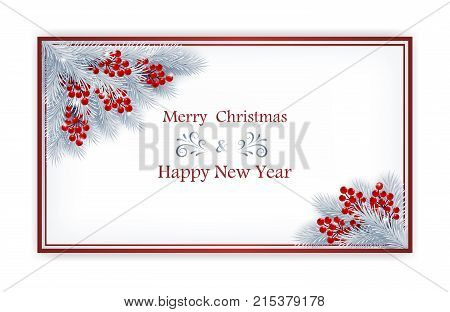 Christmas card with berries and fir branches decorations. Vector paper illustration