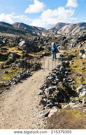 Tourist On Trail At Laugahraun Volcanic Lava Field