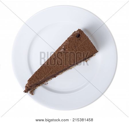 Chocolate cheesecake with cacoa powder. Isolated on a white background.