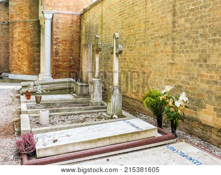 VENICE, ITALY - SEPTEMBER 6, 2013: Gravestones on graves of the Vera and Igor Stravinsky. San Michele Island, Venice