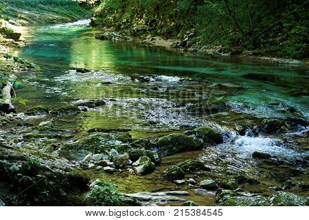 Pure and fresh Radovna river in Podhom Slovenia