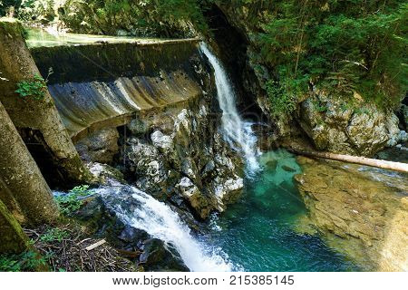 Vintgar Gorge waterfall - crystal clear water in Slovenia