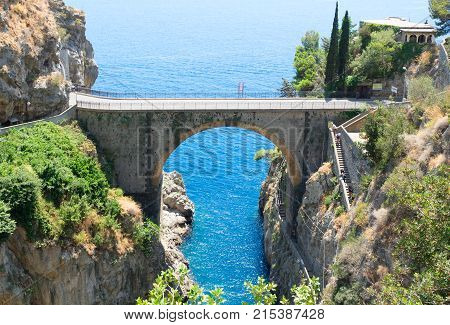 famous picturesque coastal road viaduct over sea of Amalfi coast, Italy
