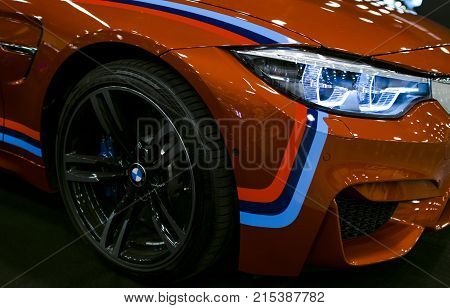 Sankt-Petersburg Russia July 21 2017: Front view of a BMW M4 sports car. M Performance Edition. Car exterior details. Photo Taken at Royal Auto Show July 21